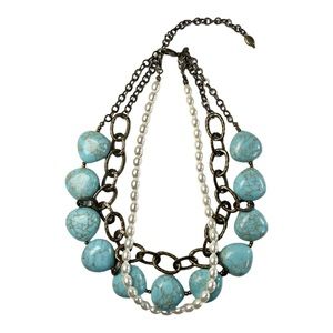 Vintage Premiere Designs Chunky Turquoise Beaded Bronze Chain Necklace Pearls